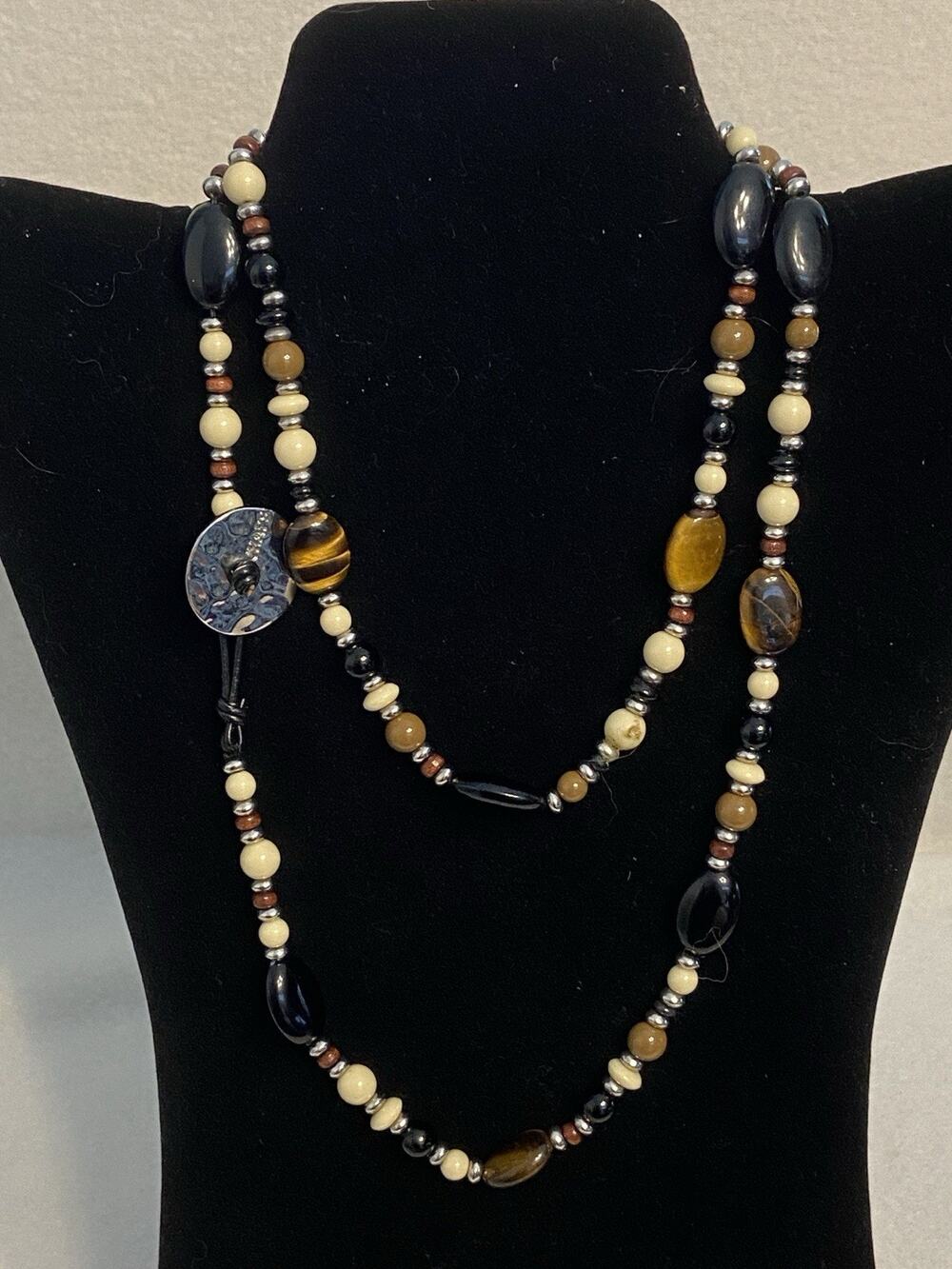 Chaps Bead Necklace with Faux Tigers Eye & Ivory Silver Tone - Pre-Owned